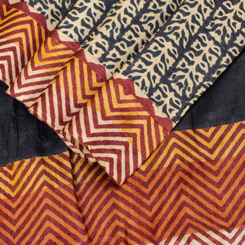 Sanskriti Vintage Saree Black Pure Bamboo Silk Bagru Hand Block Print 6+Yd Sari Create Dresses, Kaftan, Skirt,, Projects, Decor, Sewing