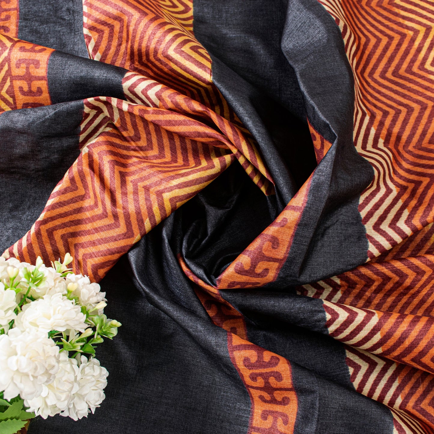 Sanskriti Vintage Saree Black Pure Bamboo Silk Bagru Hand Block Print 6+Yd Sari Create Dresses, Kaftan, Skirt,, Projects, Decor, Sewing