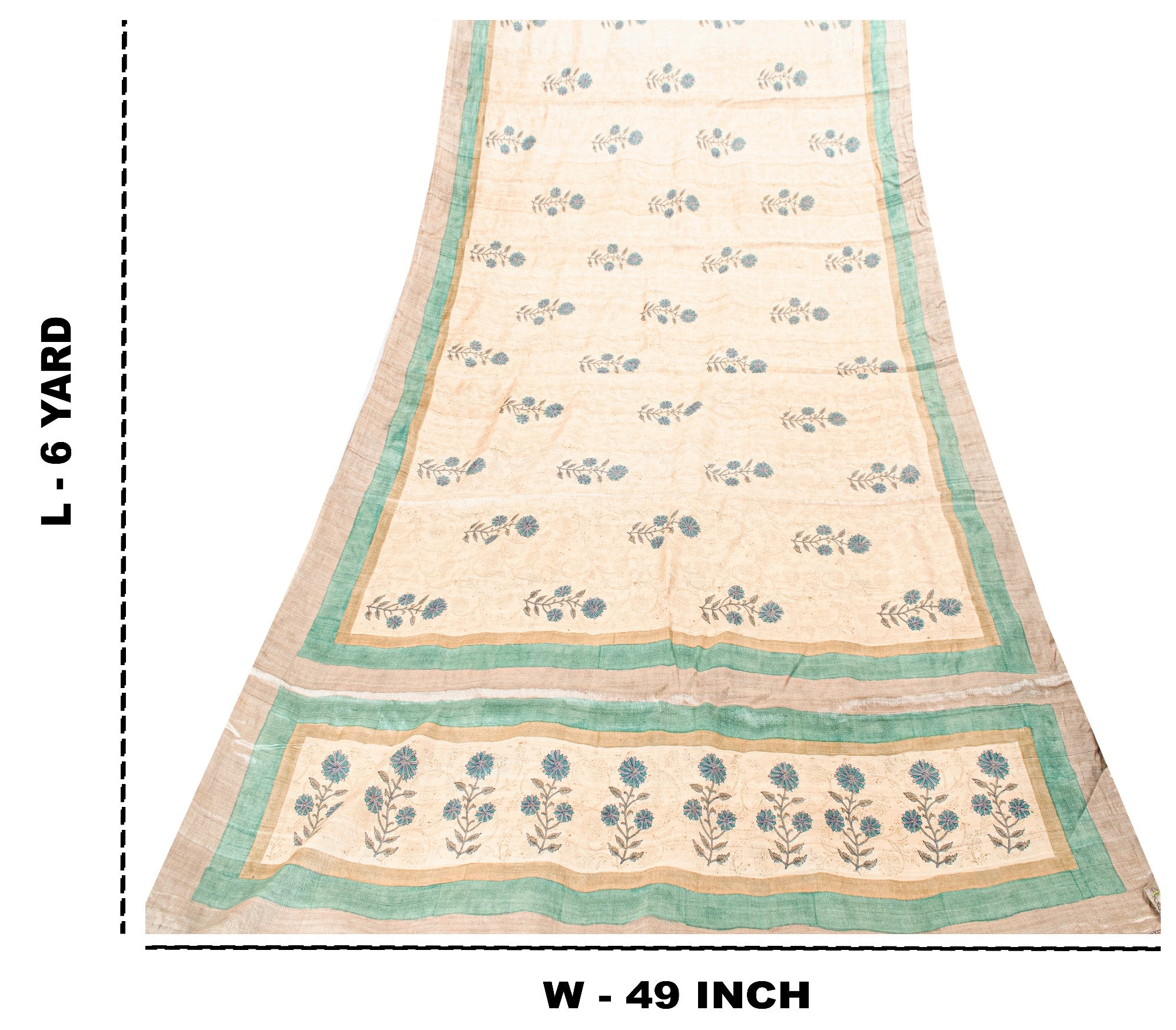 Sanskriti Vintage Ivory Pure Bamboo Silk Saree HandBlock Print 6YD Floral Fabric