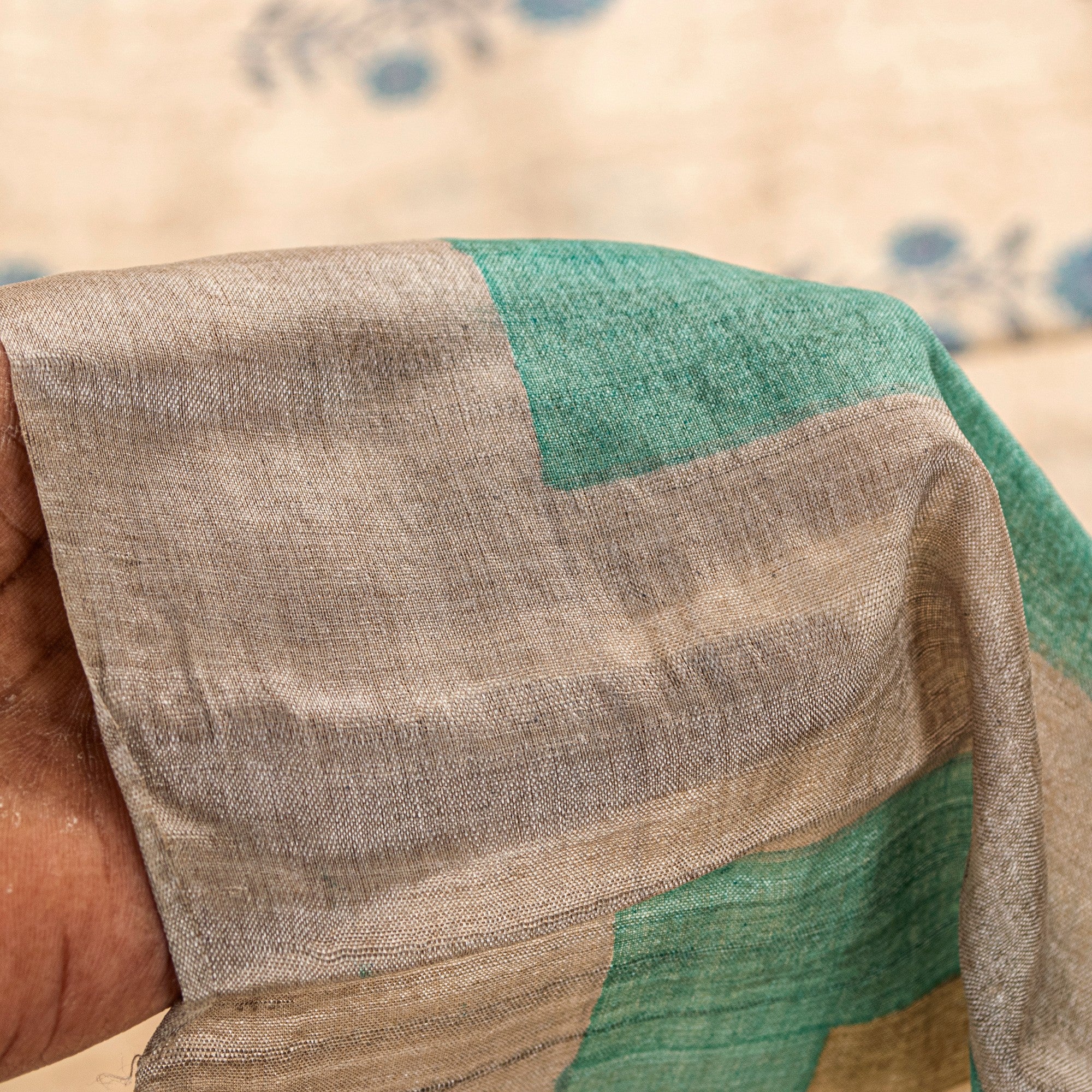 Sanskriti Vintage Ivory Pure Bamboo Silk Saree HandBlock Print 6YD Floral Fabric