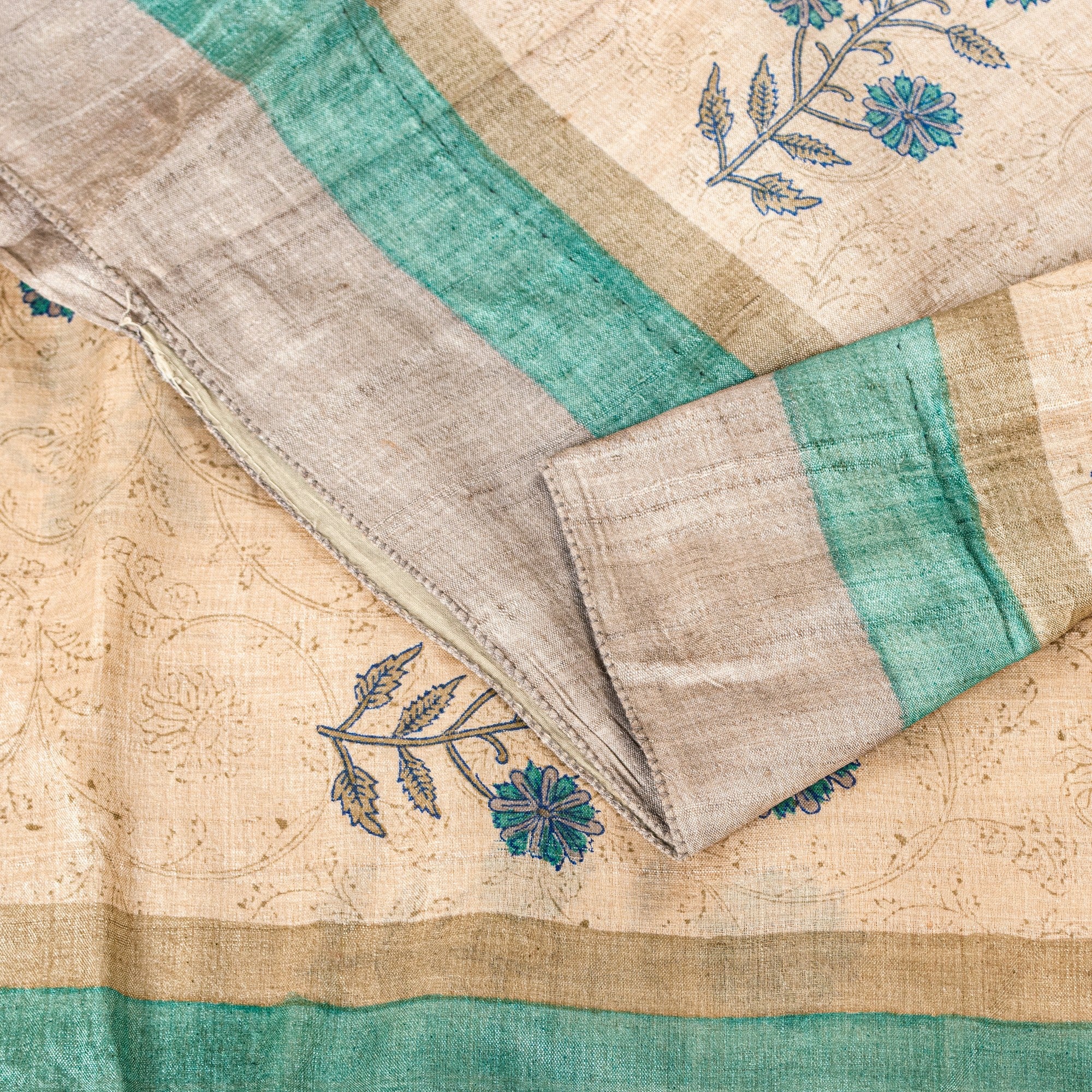 Sanskriti Vintage Ivory Pure Bamboo Silk Saree HandBlock Print 6YD Floral Fabric