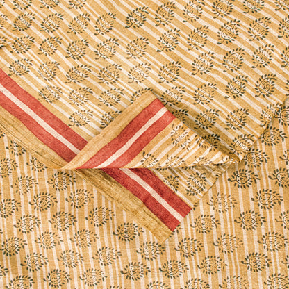 Sanskriti Vintage Sari Golden Yellow 100%Pure Bamboo Saree Hand Block 6YD Fabric