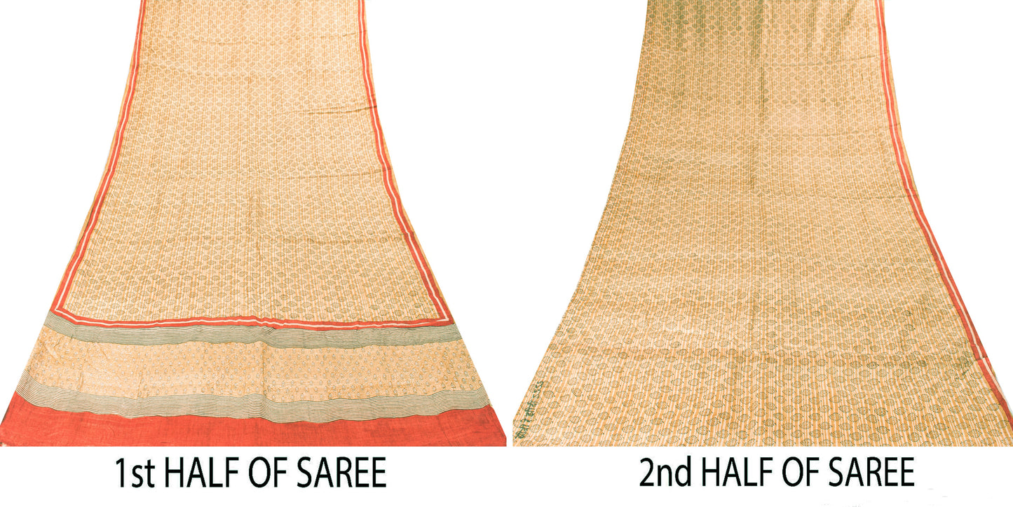 Sanskriti Vintage Sari Golden Yellow 100%Pure Bamboo Saree Hand Block 6YD Fabric