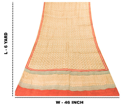 Sanskriti Vintage Sari Golden Yellow 100%Pure Bamboo Saree Hand Block 6YD Fabric
