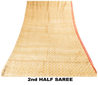 Sanskriti Vintage Sari Golden Yellow 100%Pure Bamboo Saree Hand Block 6YD Fabric