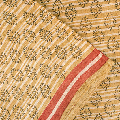 Sanskriti Vintage Sari Golden Yellow 100%Pure Bamboo Saree Hand Block 6YD Fabric