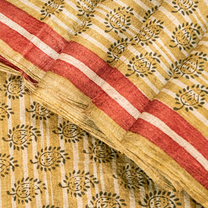 Sanskriti Vintage Sari Golden Yellow 100%Pure Bamboo Saree Hand Block 6YD Fabric
