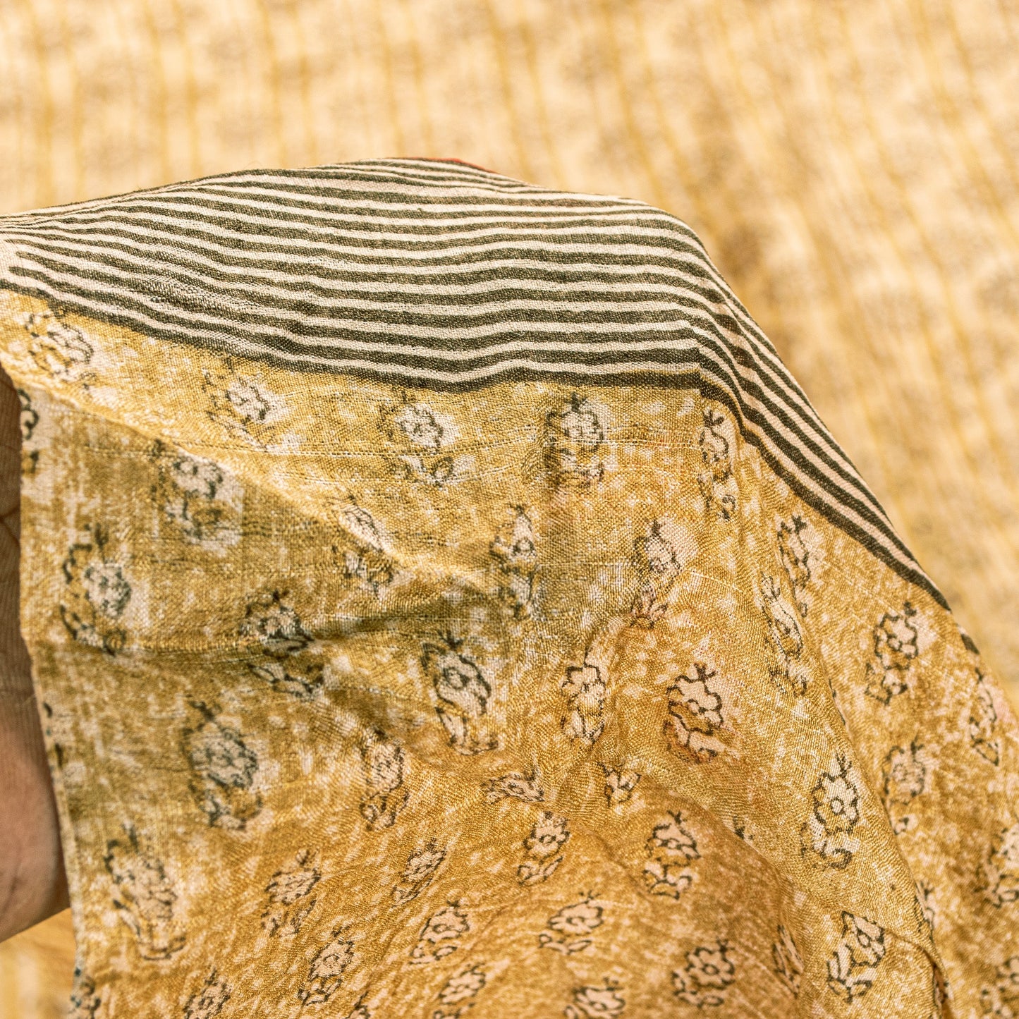 Sanskriti Vintage Sari Golden Yellow 100%Pure Bamboo Saree Hand Block 6YD Fabric