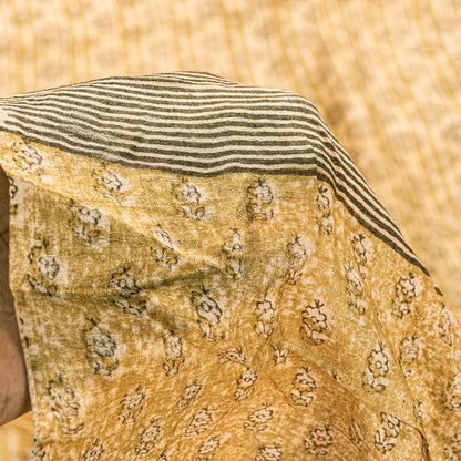 Sanskriti Vintage Sari Golden Yellow 100%Pure Bamboo Saree Hand Block 6YD Fabric