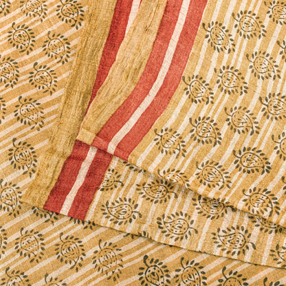 Sanskriti Vintage Sari Golden Yellow 100%Pure Bamboo Saree Hand Block 6YD Fabric