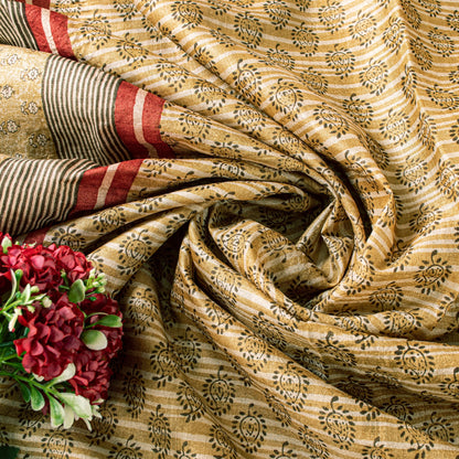 Sanskriti Vintage Sari Golden Yellow 100%Pure Bamboo Saree Hand Block 6YD Fabric