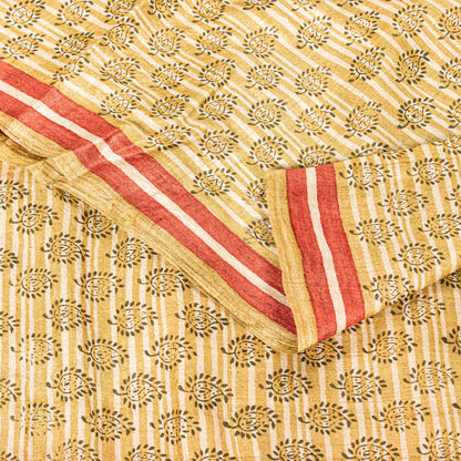 Sanskriti Vintage Sari Golden Yellow 100%Pure Bamboo Saree Hand Block 6YD Fabric
