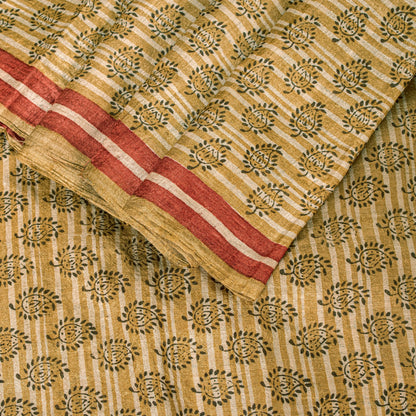 Sanskriti Vintage Sari Golden Yellow 100%Pure Bamboo Saree Hand Block 6YD Fabric