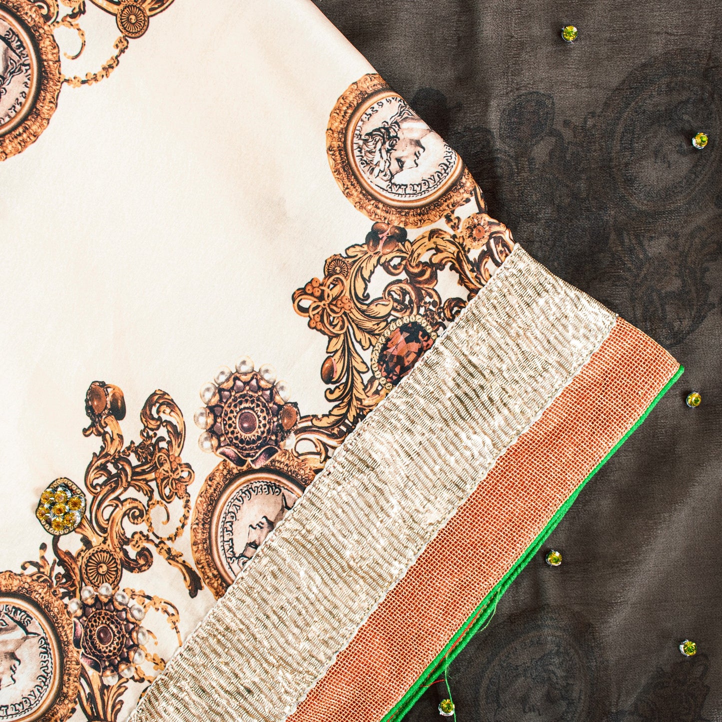 Sanskriti Vintage Black-Ivory Pure Silk Saree Beads Digital 5+YD Sari Blouse Pc