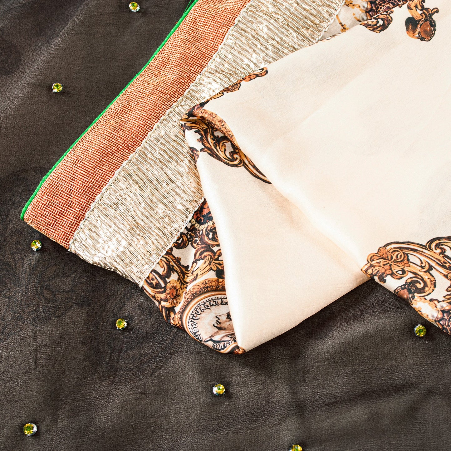 Sanskriti Vintage Black-Ivory Pure Silk Saree Beads Digital 5+YD Sari Blouse Pc