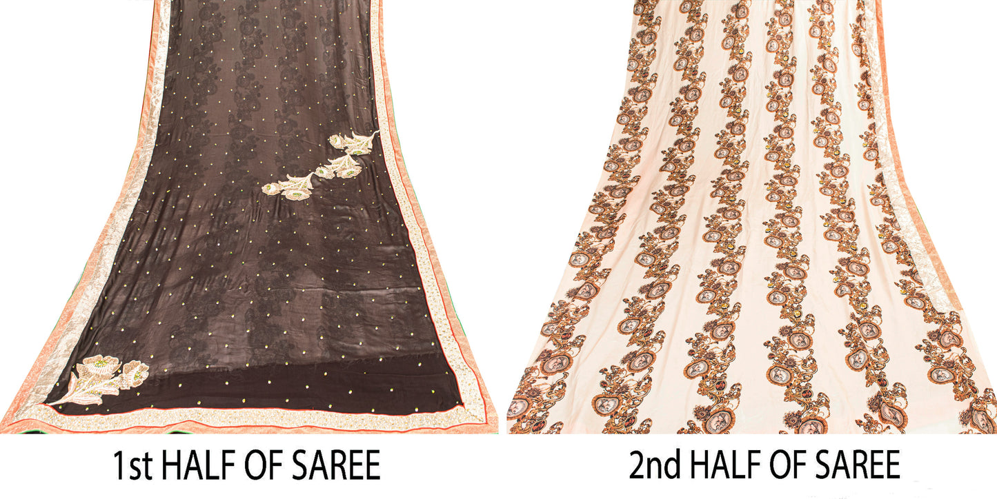 Sanskriti Vintage Black-Ivory Pure Silk Saree Beads Digital 5+YD Sari Blouse Pc