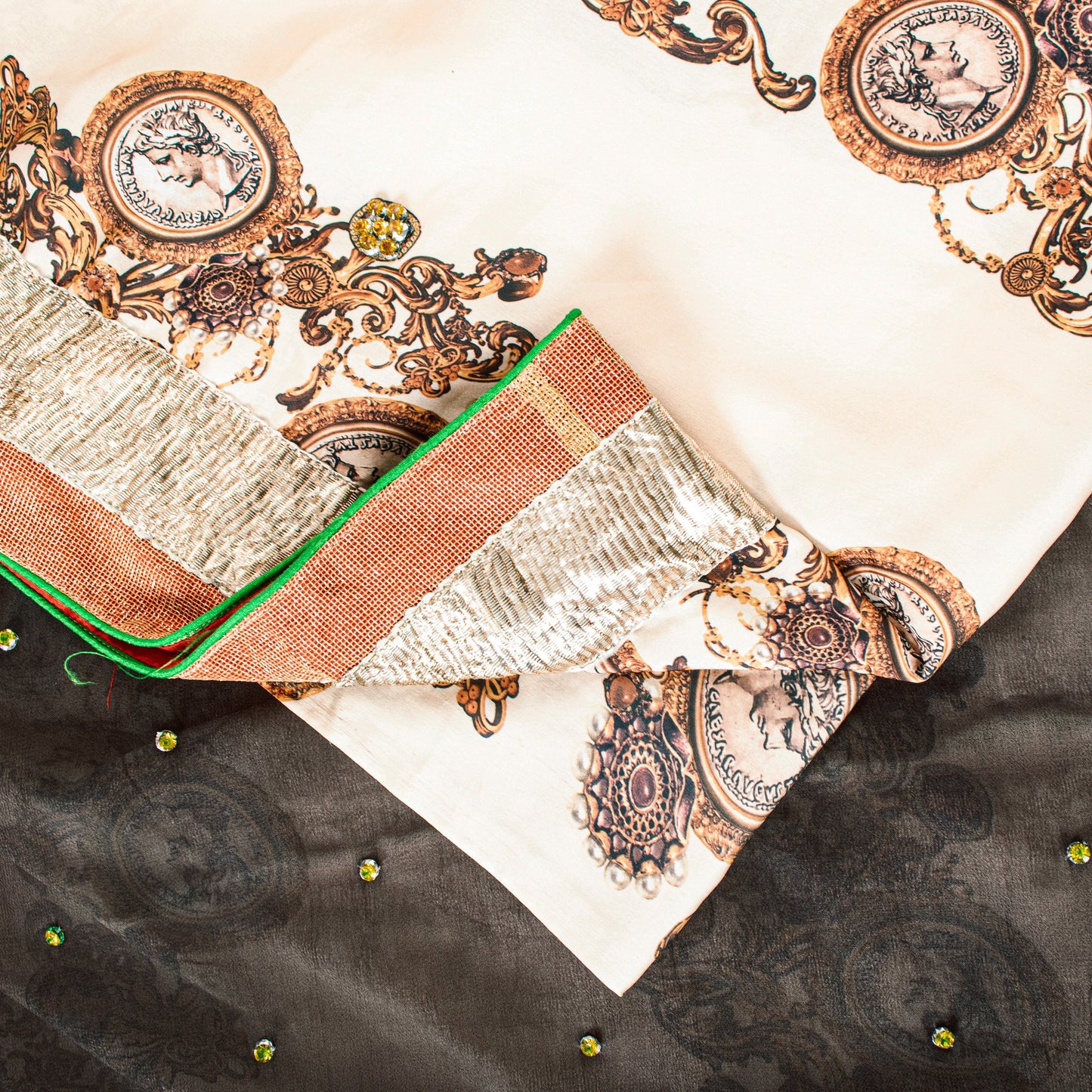 Sanskriti Vintage Black-Ivory Pure Silk Saree Beads Digital 5+YD Sari Blouse Pc