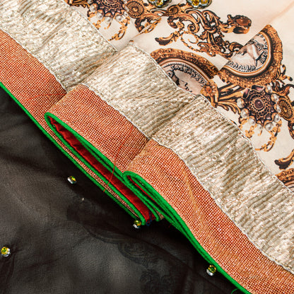 Sanskriti Vintage Black-Ivory Pure Silk Saree Beads Digital 5+YD Sari Blouse Pc