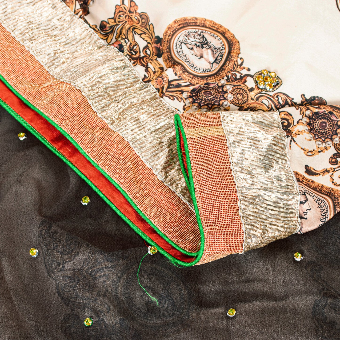 Sanskriti Vintage Black-Ivory Pure Silk Saree Beads Digital 5+YD Sari Blouse Pc