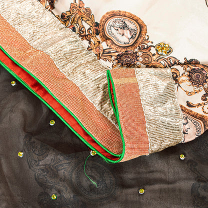 Sanskriti Vintage Black-Ivory Pure Silk Saree Beads Digital 5+YD Sari Blouse Pc