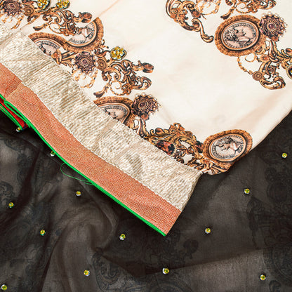 Sanskriti Vintage Black-Ivory Pure Silk Saree Beads Digital 5+YD Sari Blouse Pc