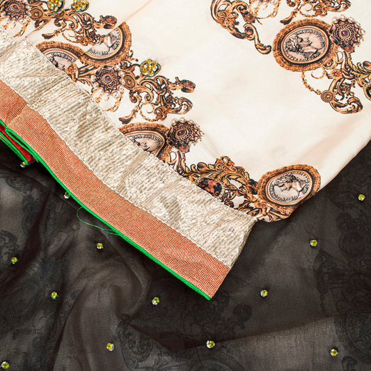 Sanskriti Vintage Black-Ivory Pure Silk Saree Beads Digital 5+YD Sari Blouse Pc