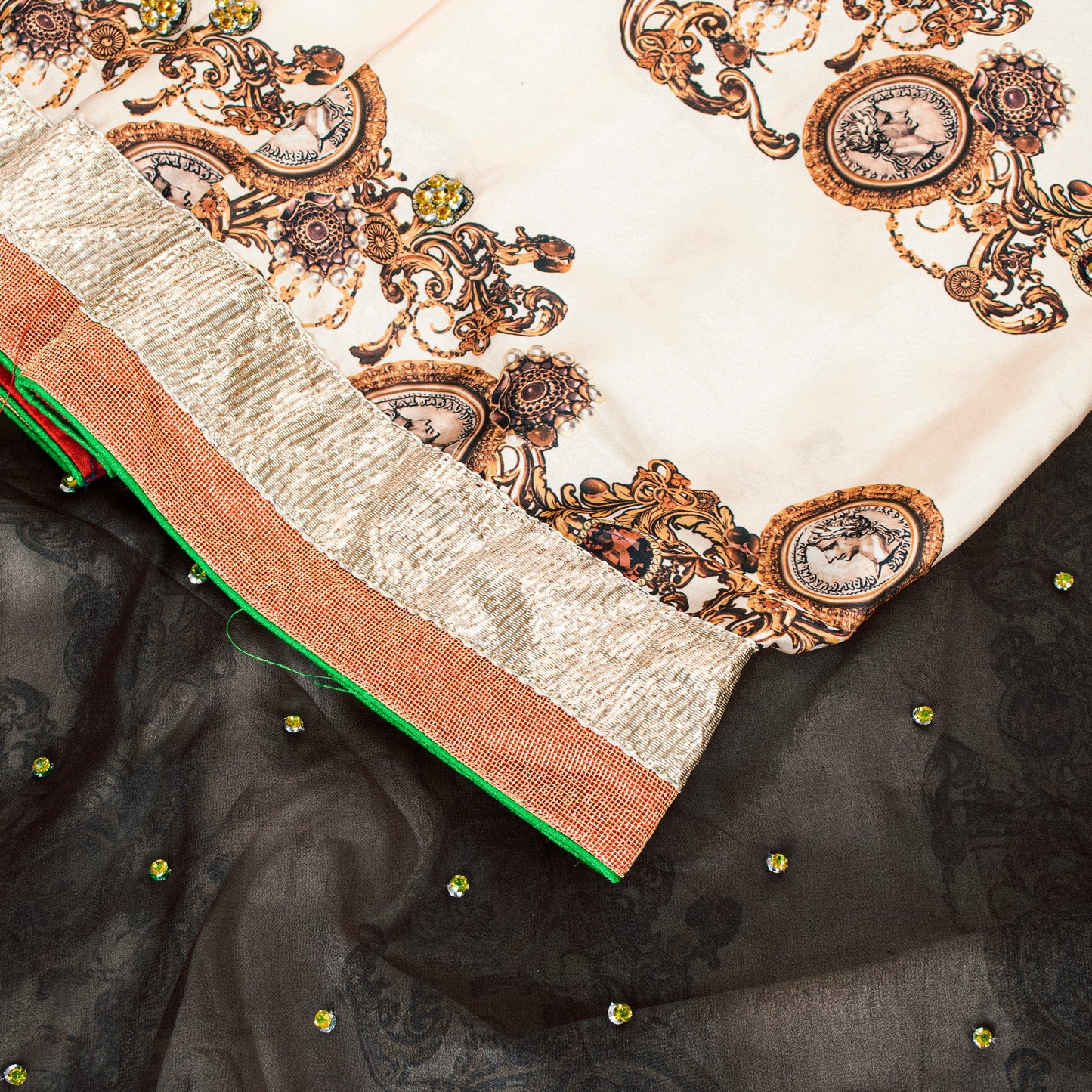 Sanskriti Vintage Black-Ivory Pure Silk Saree Beads Digital 5+YD Sari Blouse Pc