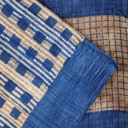 Sanskriti Vintage Blue-Ivory Pure Bamboo Silk Bagru Saree Hand Block 6+YD Sari