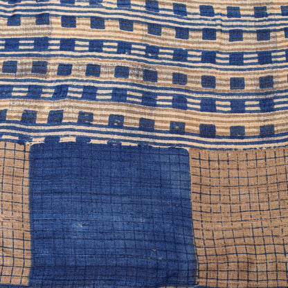 Sanskriti Vintage Blue-Ivory Pure Bamboo Silk Bagru Saree Hand Block 6+YD Sari