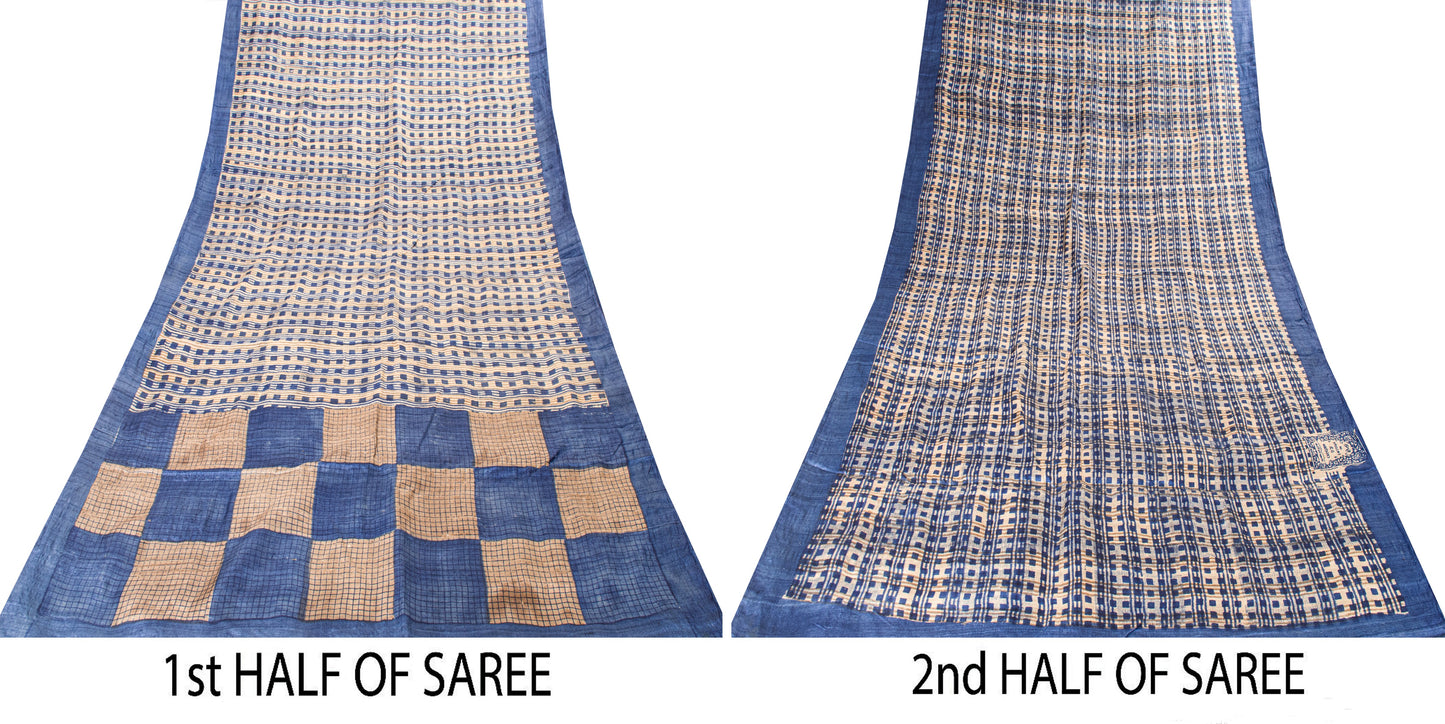 Sanskriti Vintage Blue-Ivory Pure Bamboo Silk Bagru Saree Hand Block 6+YD Sari