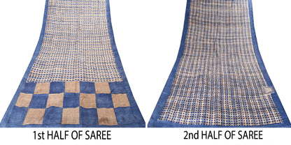 Sanskriti Vintage Blue-Ivory Pure Bamboo Silk Bagru Saree Hand Block 6+YD Sari