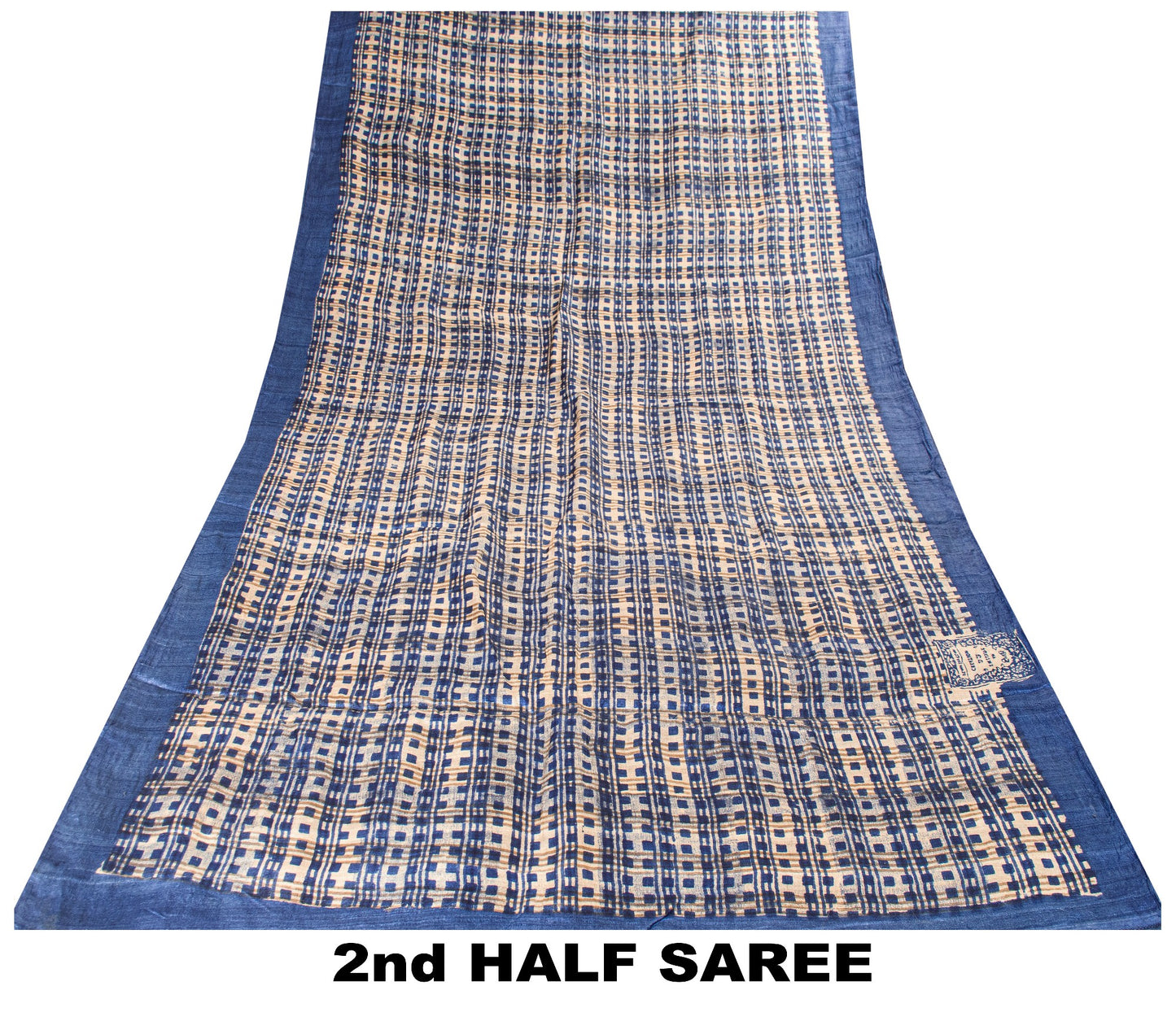 Sanskriti Vintage Blue-Ivory Pure Bamboo Silk Bagru Saree Hand Block 6+YD Sari