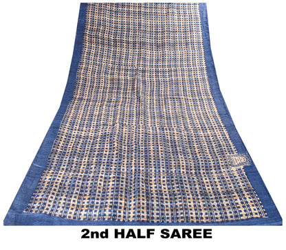 Sanskriti Vintage Blue-Ivory Pure Bamboo Silk Bagru Saree Hand Block 6+YD Sari