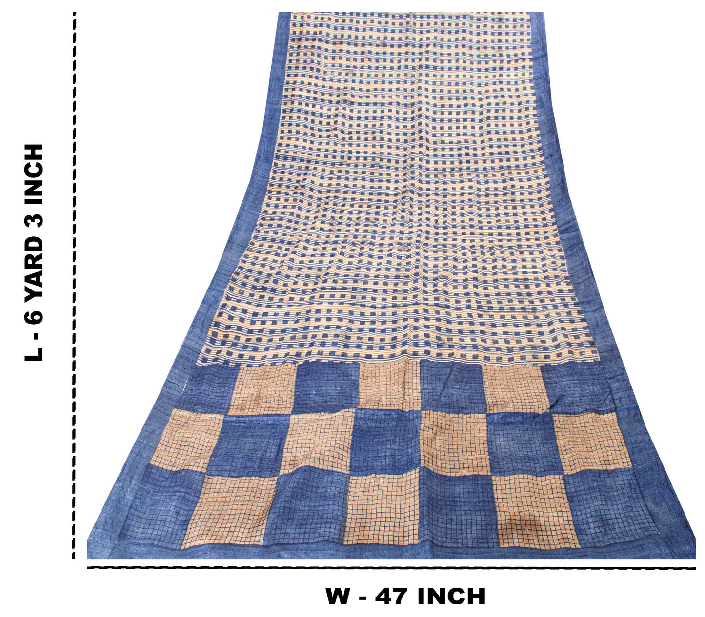 Sanskriti Vintage Blue-Ivory Pure Bamboo Silk Bagru Saree Hand Block 6+YD Sari