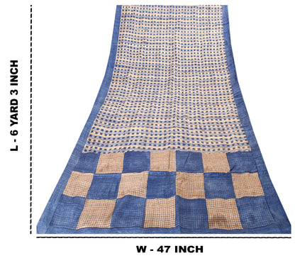 Sanskriti Vintage Blue-Ivory Pure Bamboo Silk Bagru Saree Hand Block 6+YD Sari