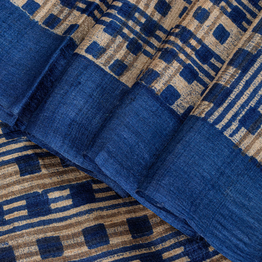 Sanskriti Vintage Blue-Ivory Pure Bamboo Silk Bagru Saree Hand Block 6+YD Sari