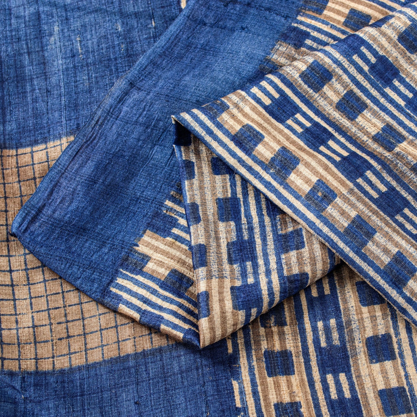 Sanskriti Vintage Blue-Ivory Pure Bamboo Silk Bagru Saree Hand Block 6+YD Sari