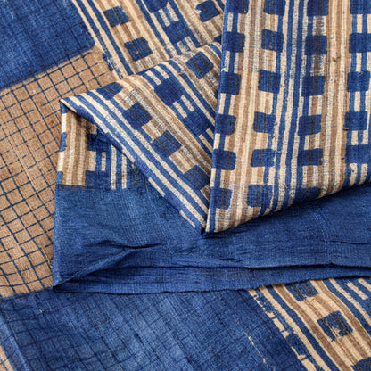 Sanskriti Vintage Blue-Ivory Pure Bamboo Silk Bagru Saree Hand Block 6+YD Sari