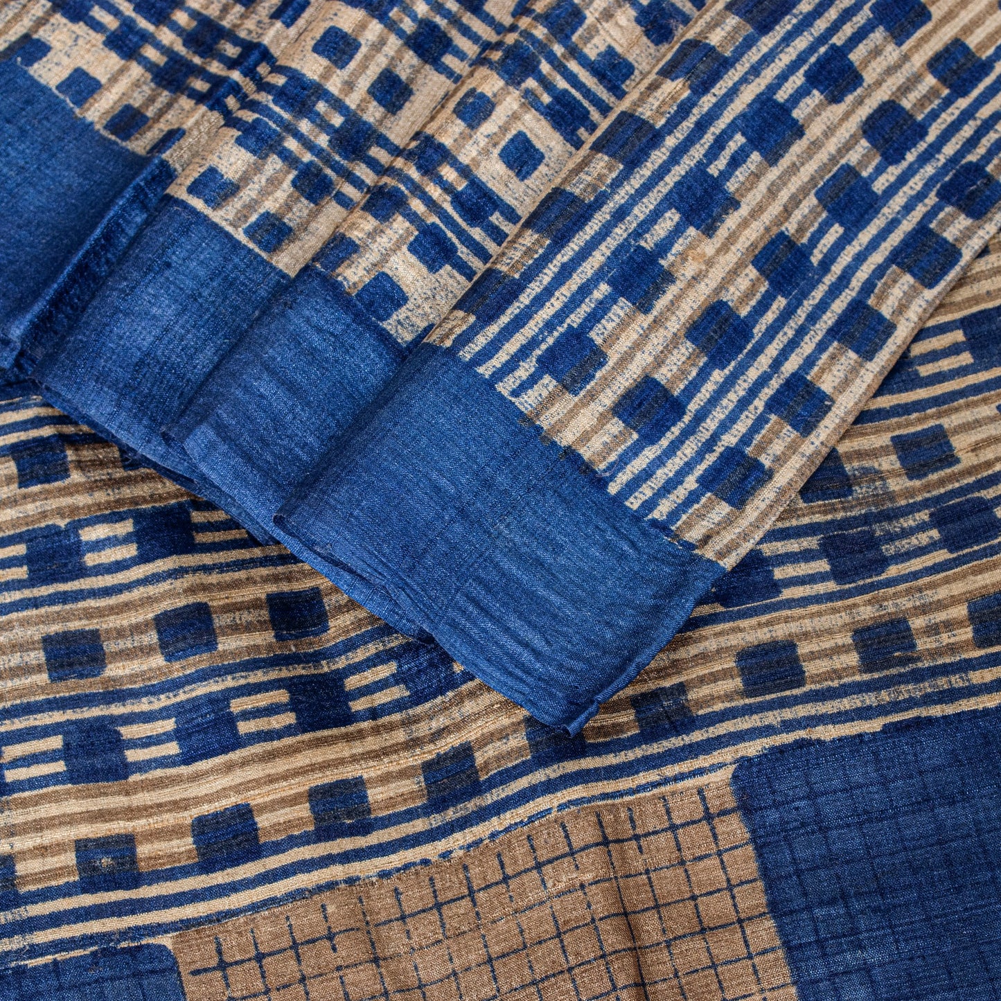 Sanskriti Vintage Blue-Ivory Pure Bamboo Silk Bagru Saree Hand Block 6+YD Sari