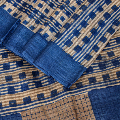Sanskriti Vintage Blue-Ivory Pure Bamboo Silk Bagru Saree Hand Block 6+YD Sari