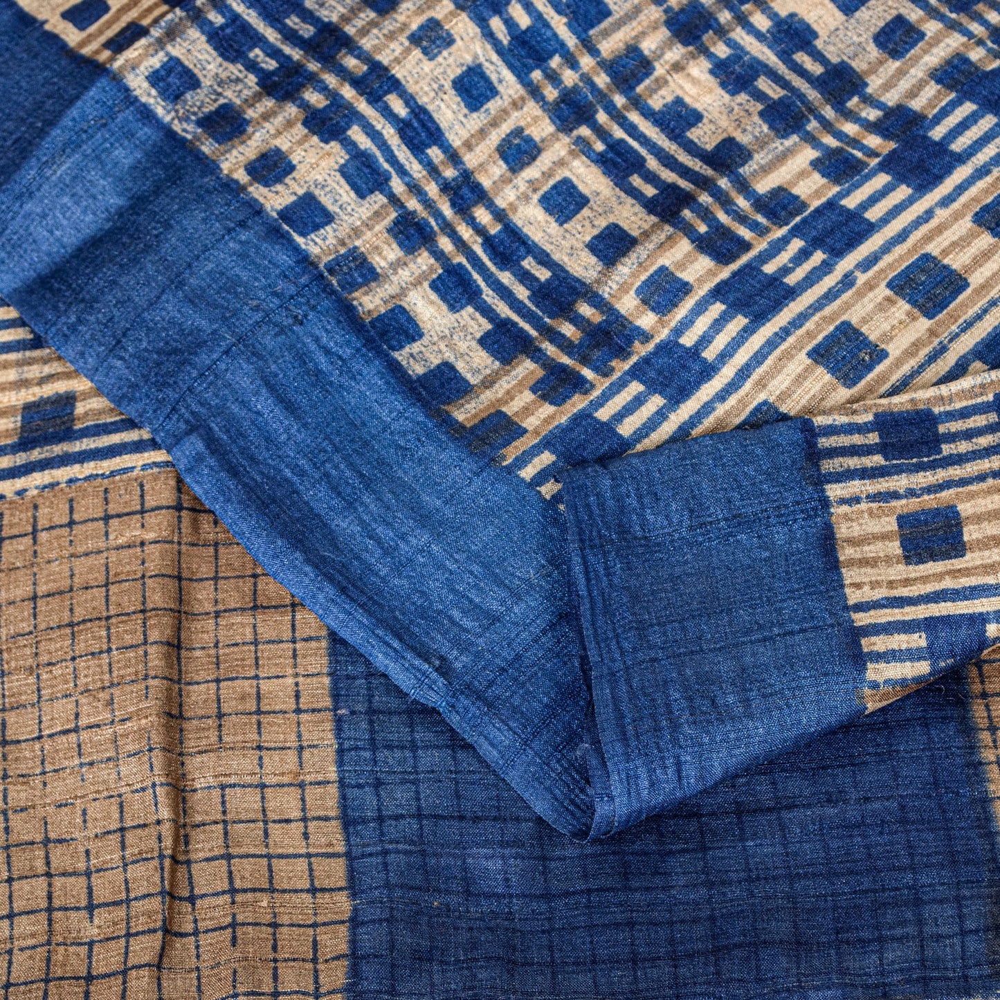 Sanskriti Vintage Blue-Ivory Pure Bamboo Silk Bagru Saree Hand Block 6+YD Sari