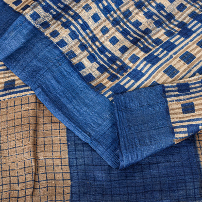 Sanskriti Vintage Blue-Ivory Pure Bamboo Silk Bagru Saree Hand Block 6+YD Sari