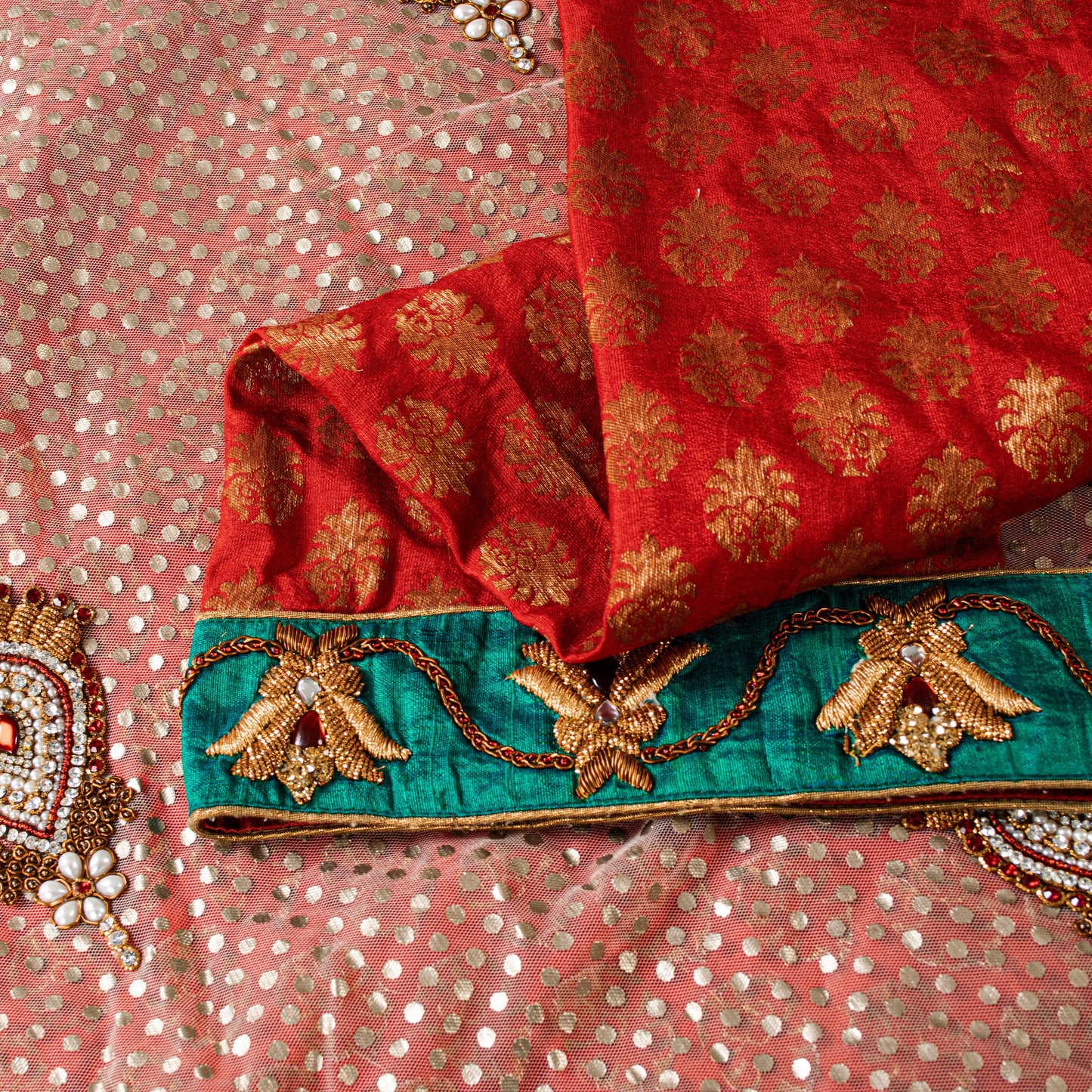 Sanskriti Vintage Red Pure Silk Net Saree Bead Woven 6+YD SariFabric & Blouse Pc