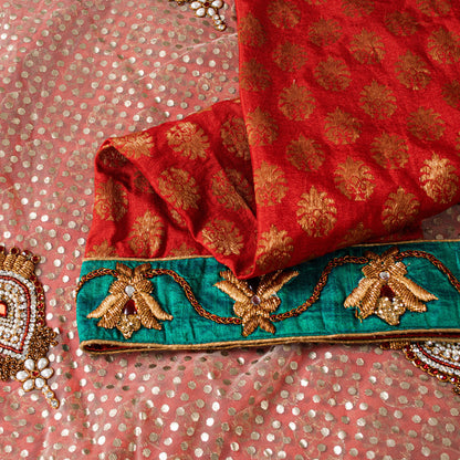 Sanskriti Vintage Red Pure Silk Net Saree Bead Woven 6+YD SariFabric & Blouse Pc