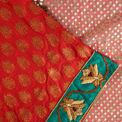 Sanskriti Vintage Red Pure Silk Net Saree Bead Woven 6+YD SariFabric & Blouse Pc