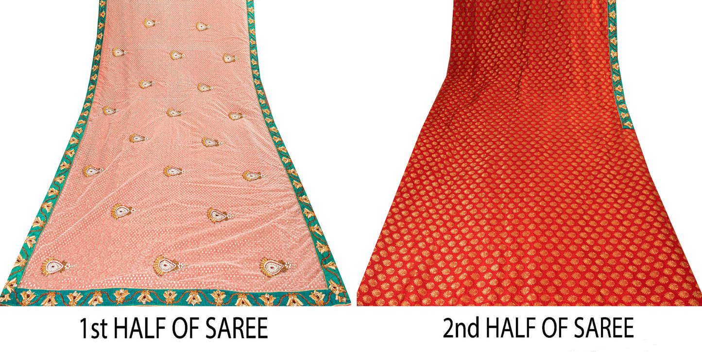 Sanskriti Vintage Red Pure Silk Net Saree Bead Woven 6+YD SariFabric & Blouse Pc