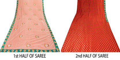 Sanskriti Vintage Red Pure Silk Net Saree Bead Woven 6+YD SariFabric & Blouse Pc