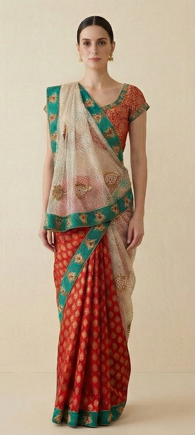 Sanskriti Vintage Red Pure Silk Net Saree Bead Woven 6+YD SariFabric & Blouse Pc