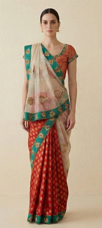 Sanskriti Vintage Red Pure Silk Net Saree Bead Woven 6+YD SariFabric & Blouse Pc