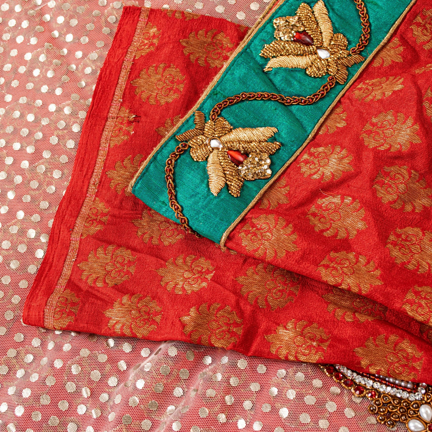 Sanskriti Vintage Red Pure Silk Net Saree Bead Woven 6+YD SariFabric & Blouse Pc